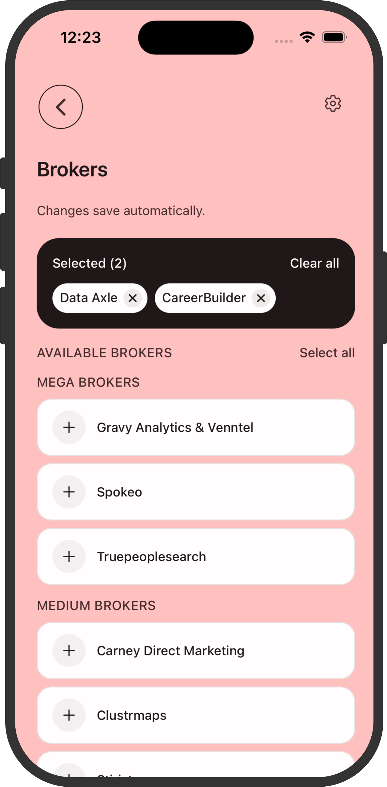 Scrappy Kin broker selection screen showing selected brokers and available brokers to contact.