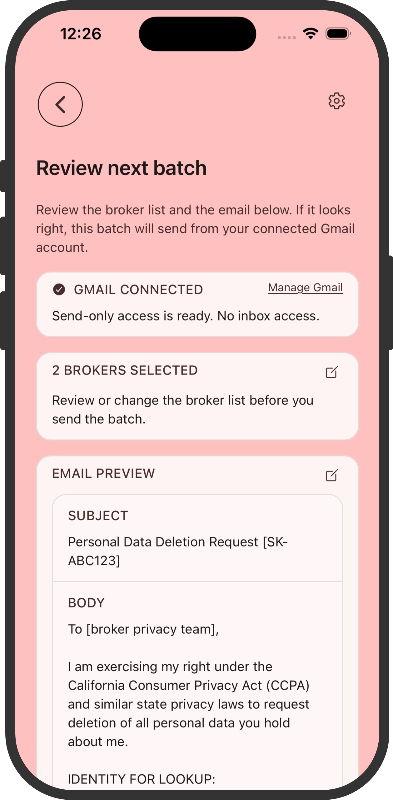 Scrappy Kin progress screen showing opt-out emails sent and the next batch available to review.